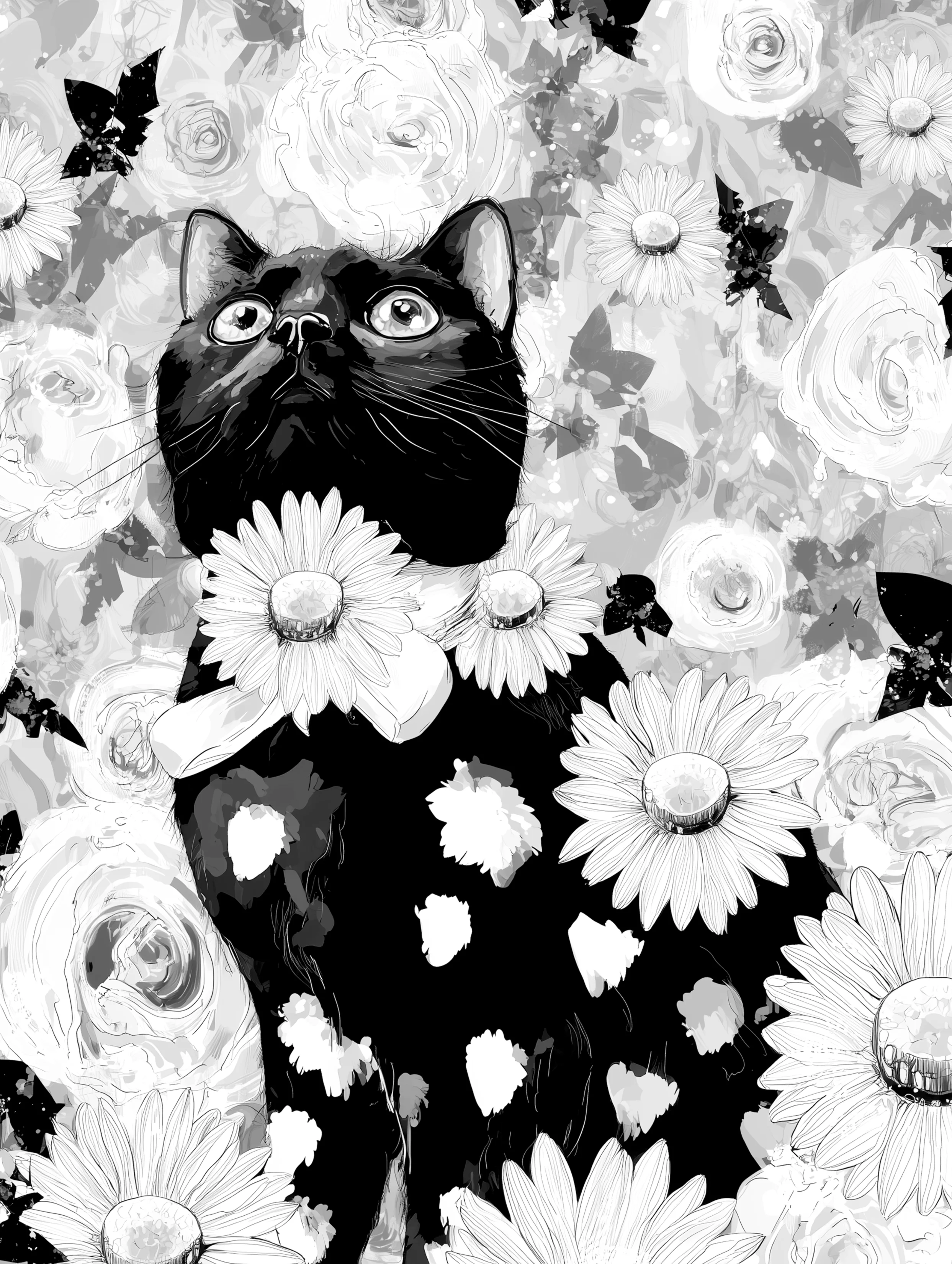 Free printable black cat coloring page for adults featuring daisies cat